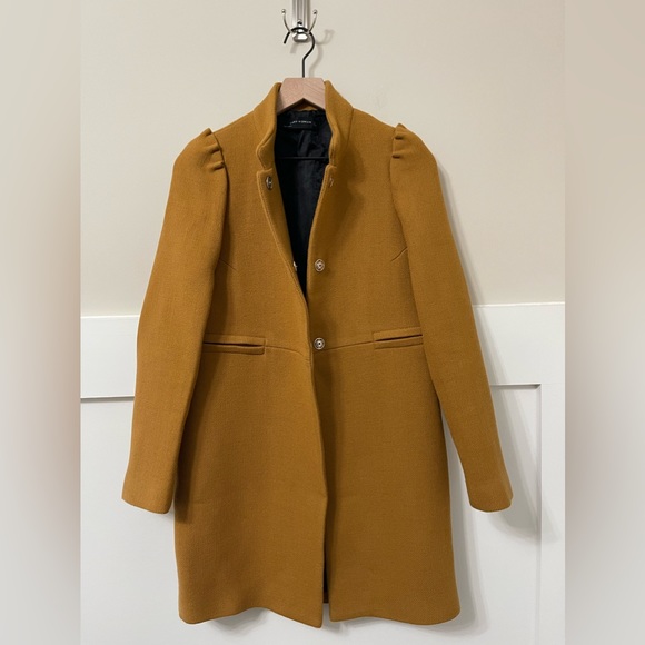 Zara Wool Mid-Length Mustard Orange Peacoat Size Small - Picture 6 of 9